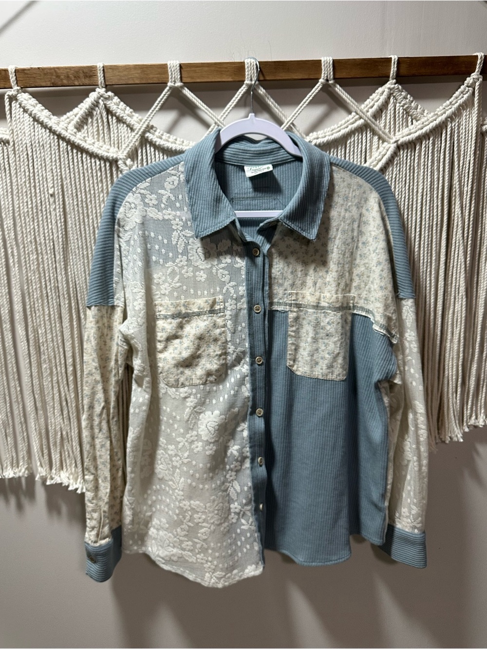 Mixed Patchwork Button-Down Shirt in Blue & Cream